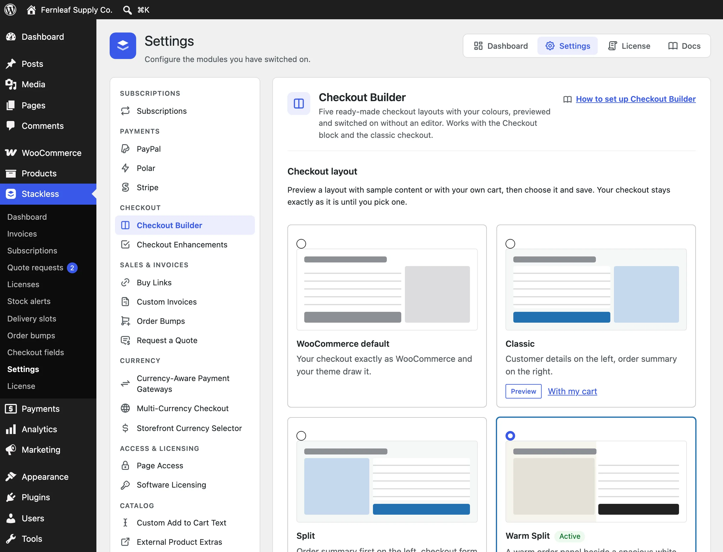 Stackless Checkout Builder settings with a gallery of checkout layouts including WooCommerce default and Classic