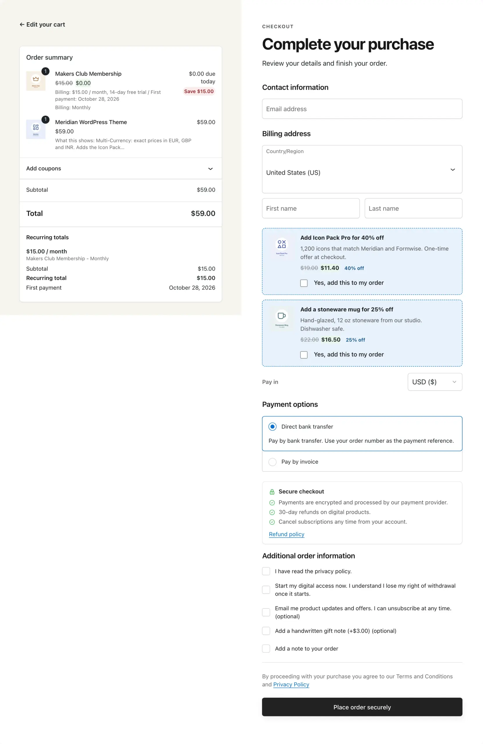 WooCommerce block checkout showing a free-trial membership with $0 due today, a $59 theme, recurring totals of $15 per month, two order bump offers and a currency selector