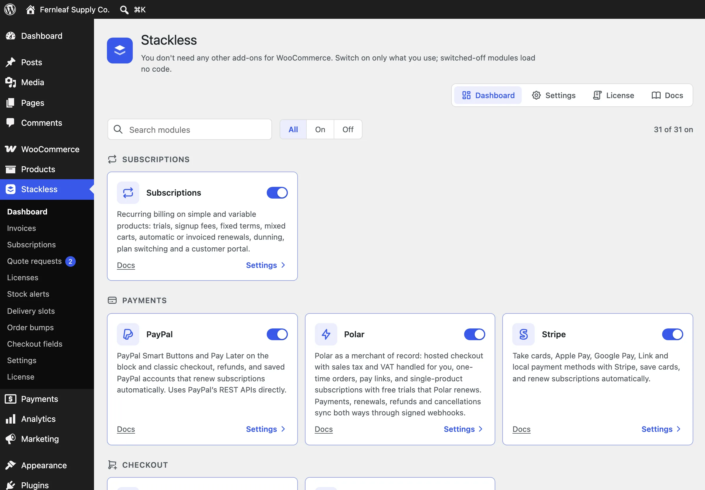 Stackless dashboard in WordPress admin with module cards for Subscriptions, PayPal, Polar and Stripe, each with an on/off toggle