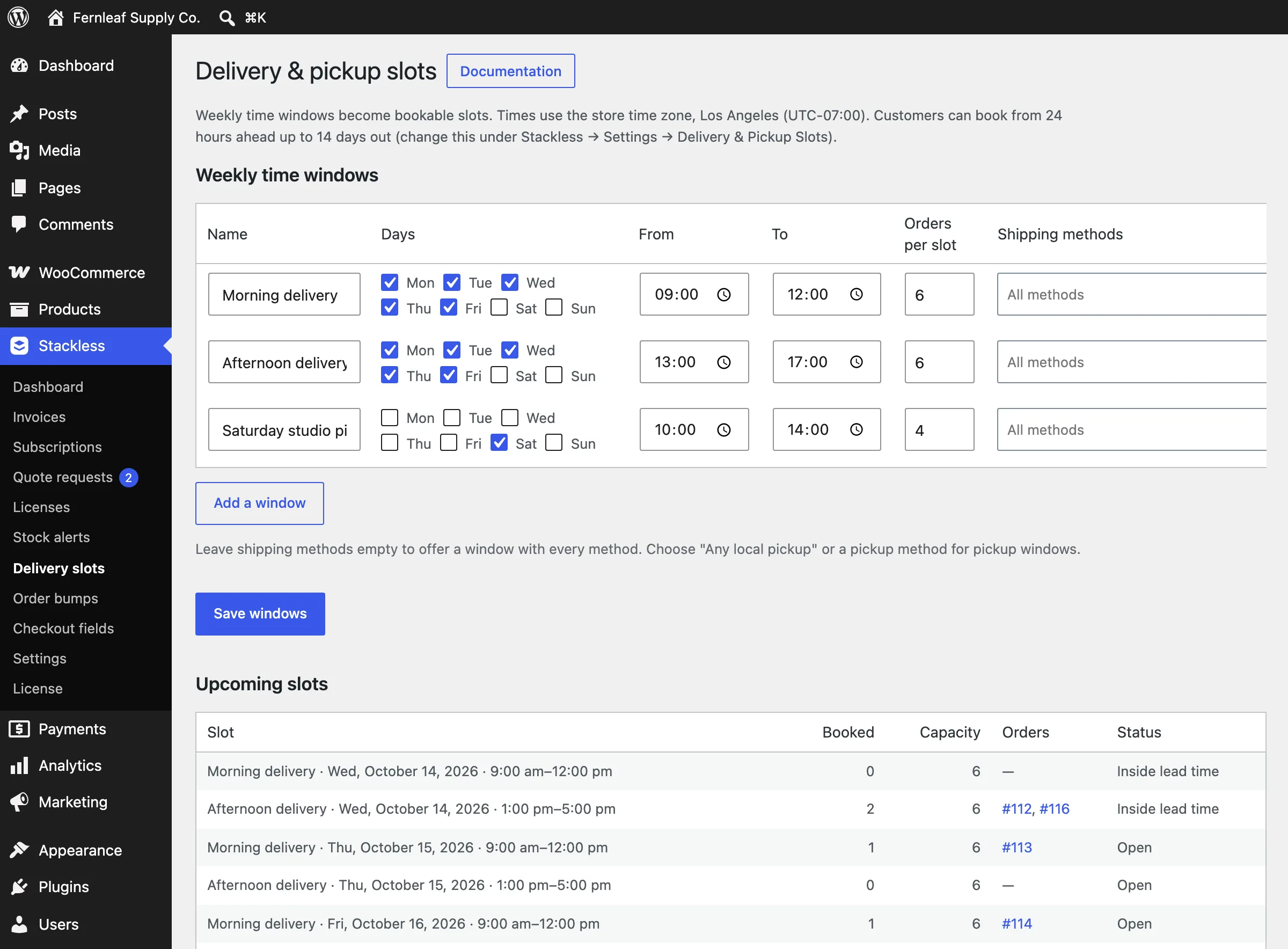 Stackless delivery and pickup slots screen with weekly time windows, capacity per slot and a list of upcoming slots with booked orders