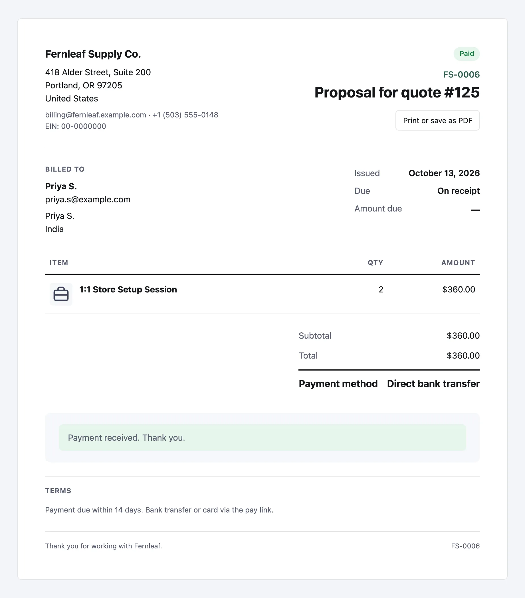 Branded customer invoice page for a paid quote proposal with line items, totals, payment method and terms