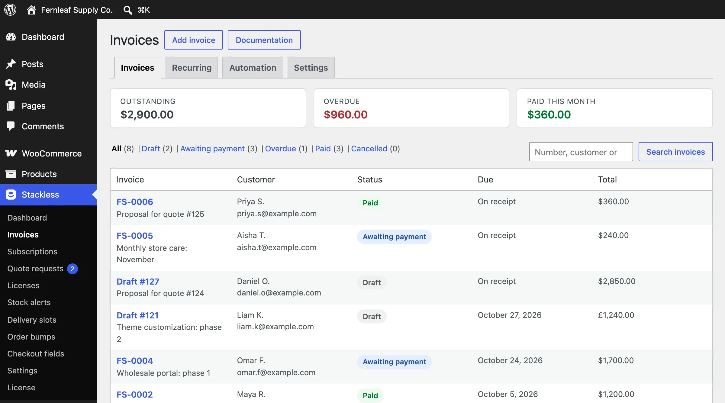 Stackless invoices list with outstanding, overdue and paid-this-month totals, and invoices in draft, awaiting payment and paid states