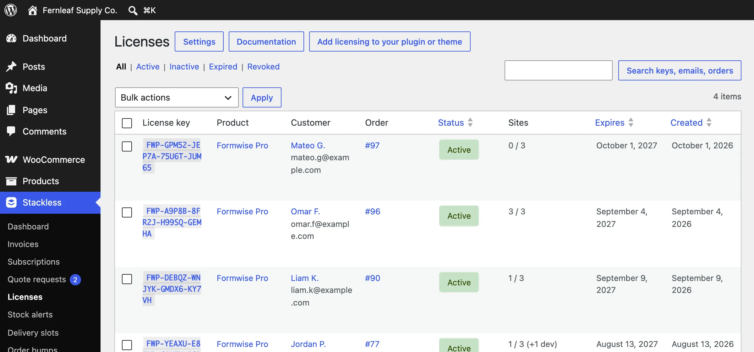 Stackless licenses list with license keys, products, customers, orders, site activations against limits and expiry dates