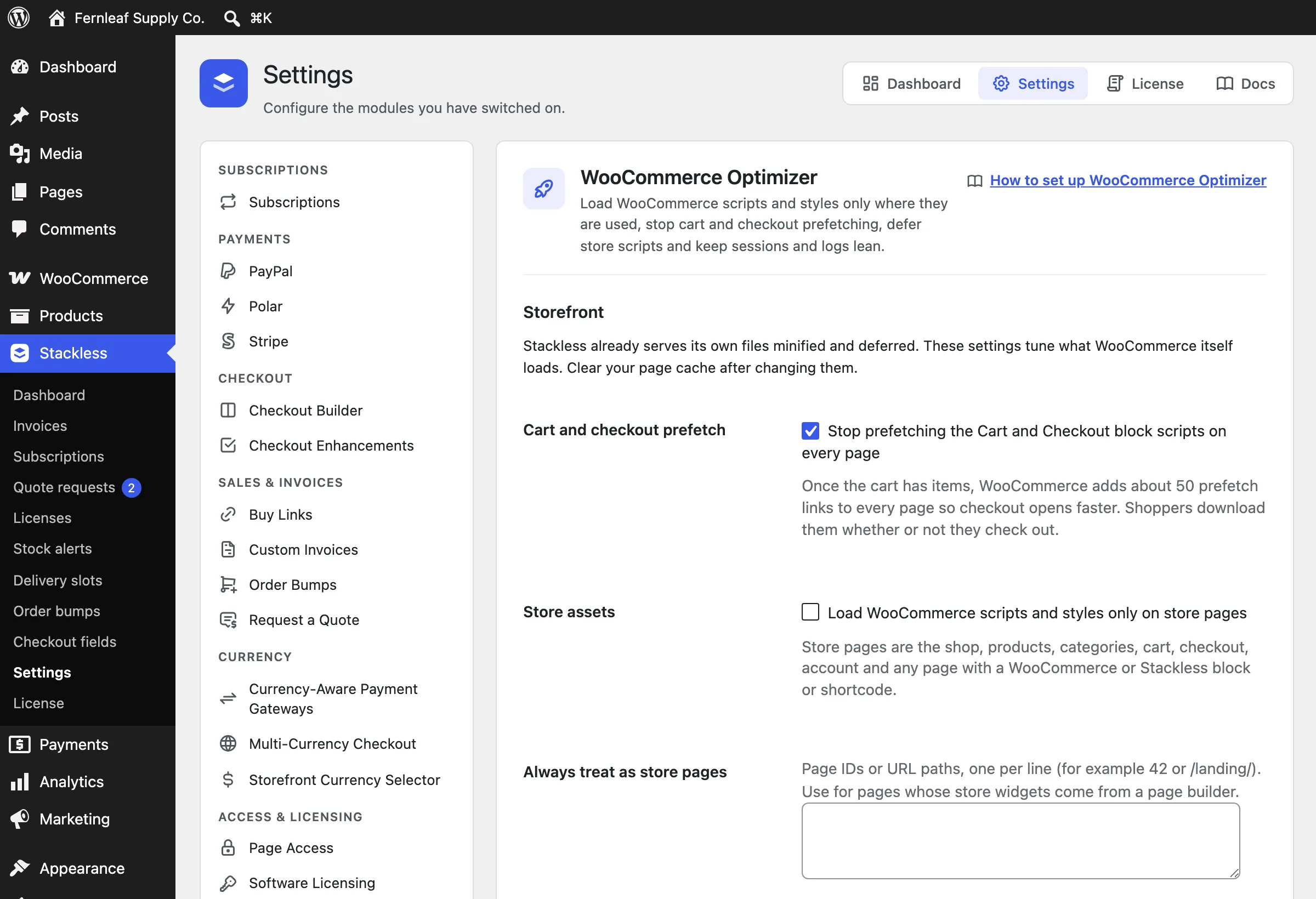 WooCommerce Optimizer settings in Stackless with the cart and checkout prefetch option checked and the store assets option unchecked