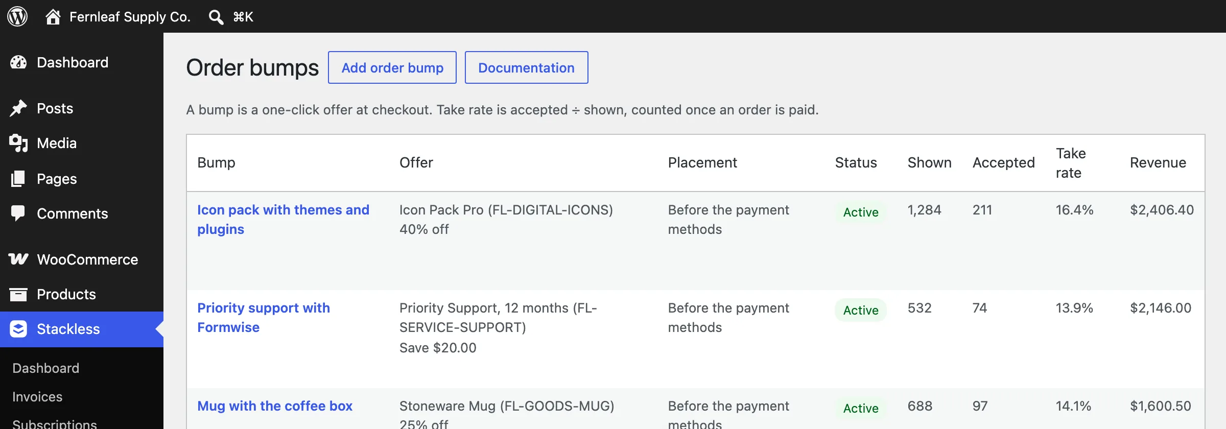 Stackless order bumps list showing three offers, their placement, times shown, accepted, take rate and revenue