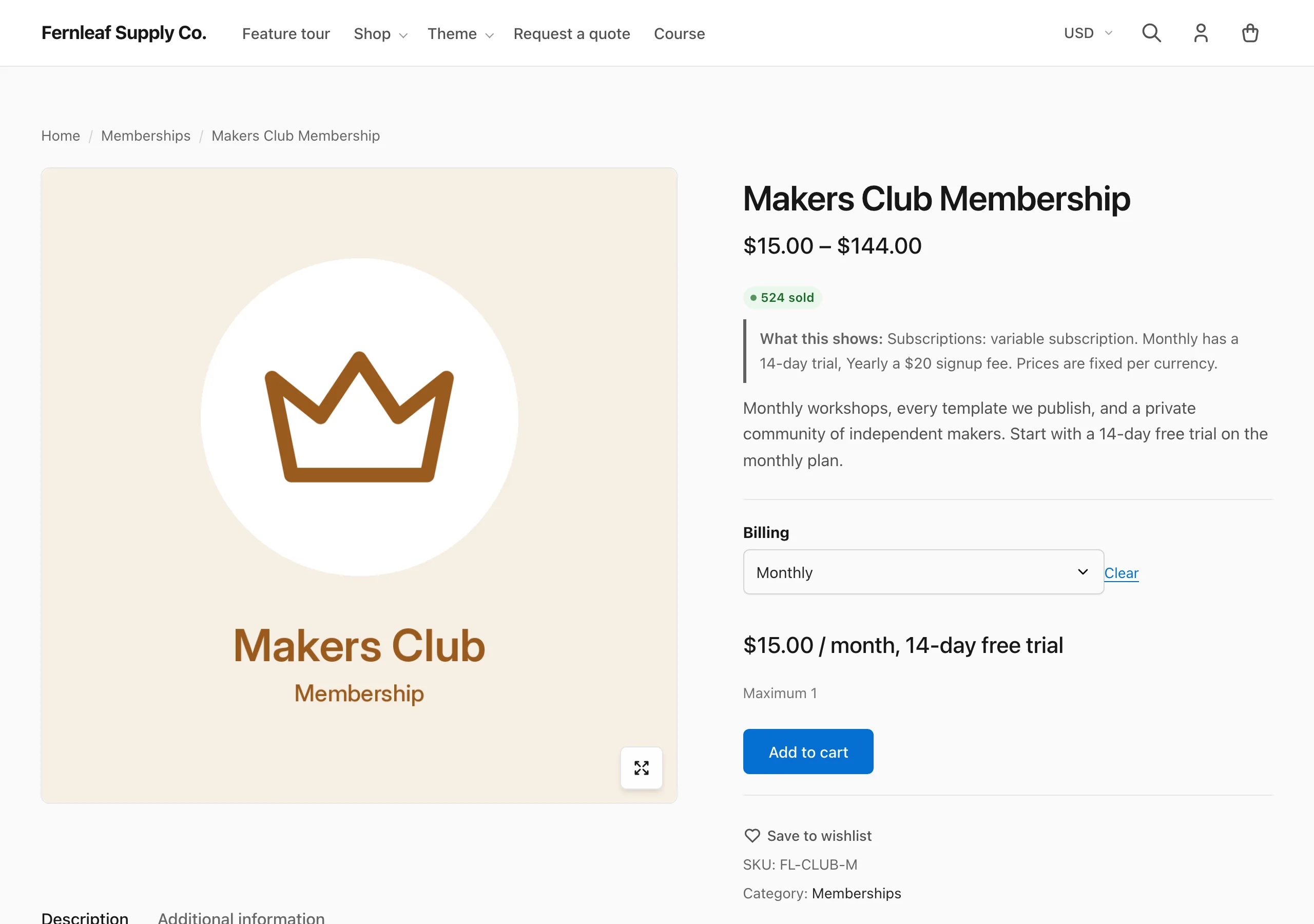 Product page for a membership with monthly or yearly billing, a 14-day free trial, a sold count badge and a wishlist button
