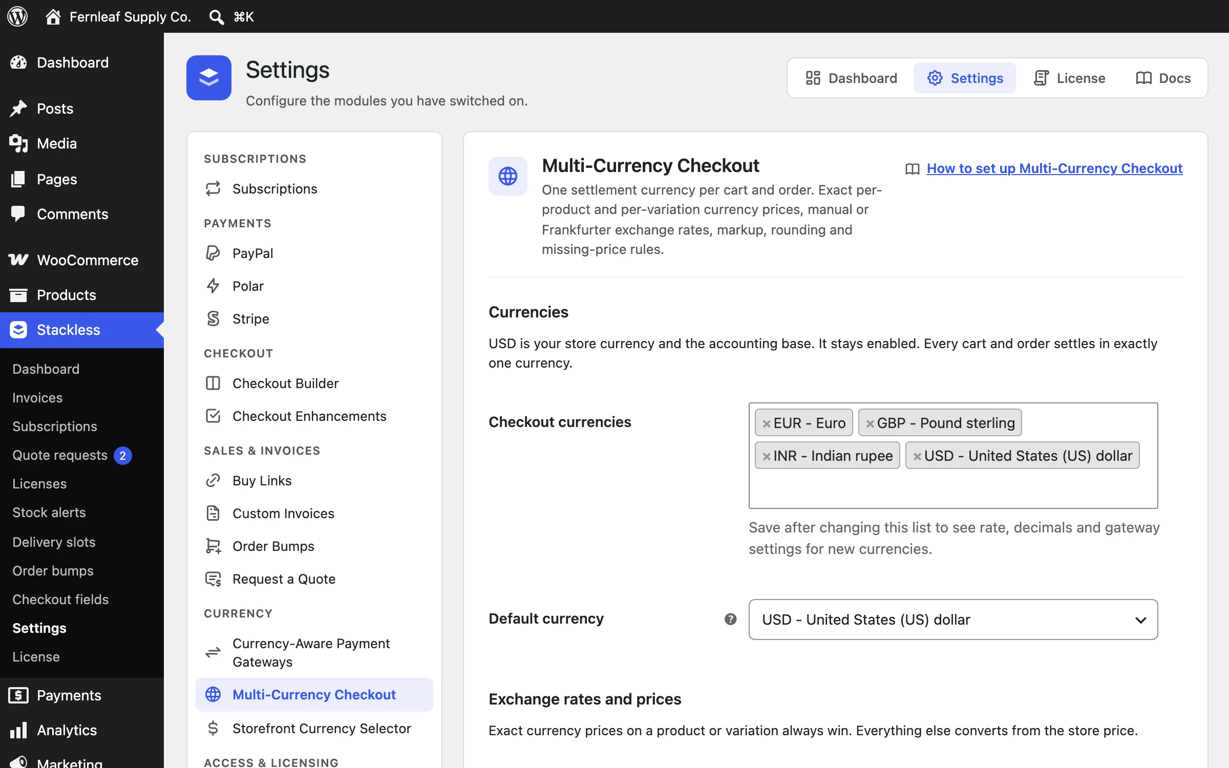 Stackless Multi-Currency Checkout settings with USD as the store currency and EUR, GBP, INR and USD as checkout currencies