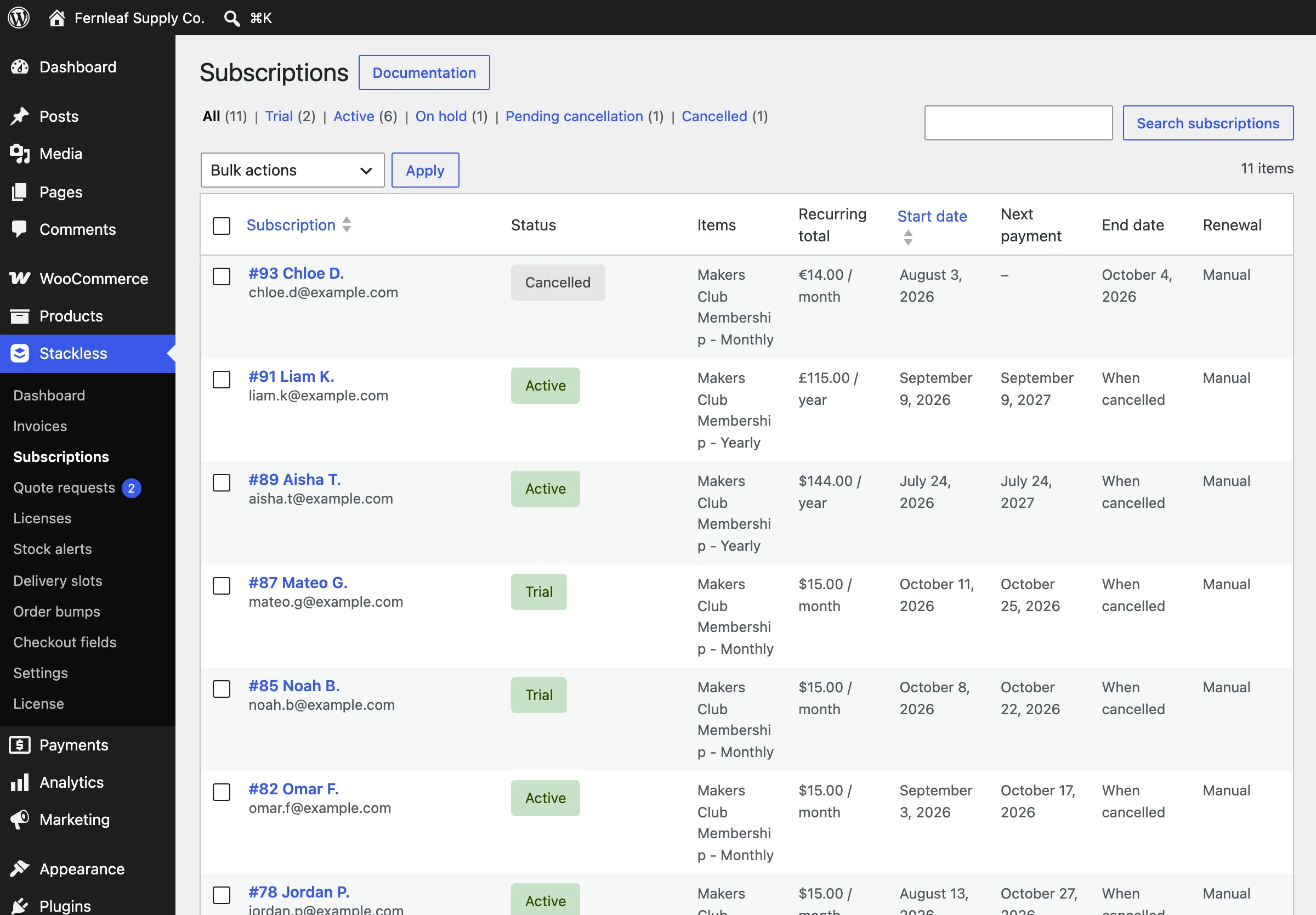 Stackless subscriptions list with active, trial, on-hold, pending-cancellation and cancelled subscriptions, recurring totals and next payment dates