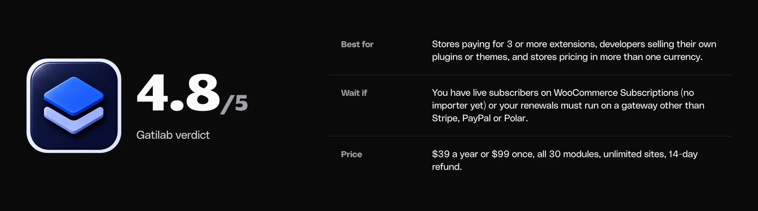 Stackless for WooCommerce scorecard: 4.8 out of 5, best for stores paying for several extensions, wait if you have live subscribers on WooCommerce Subscriptions, $39 a year or $99 once