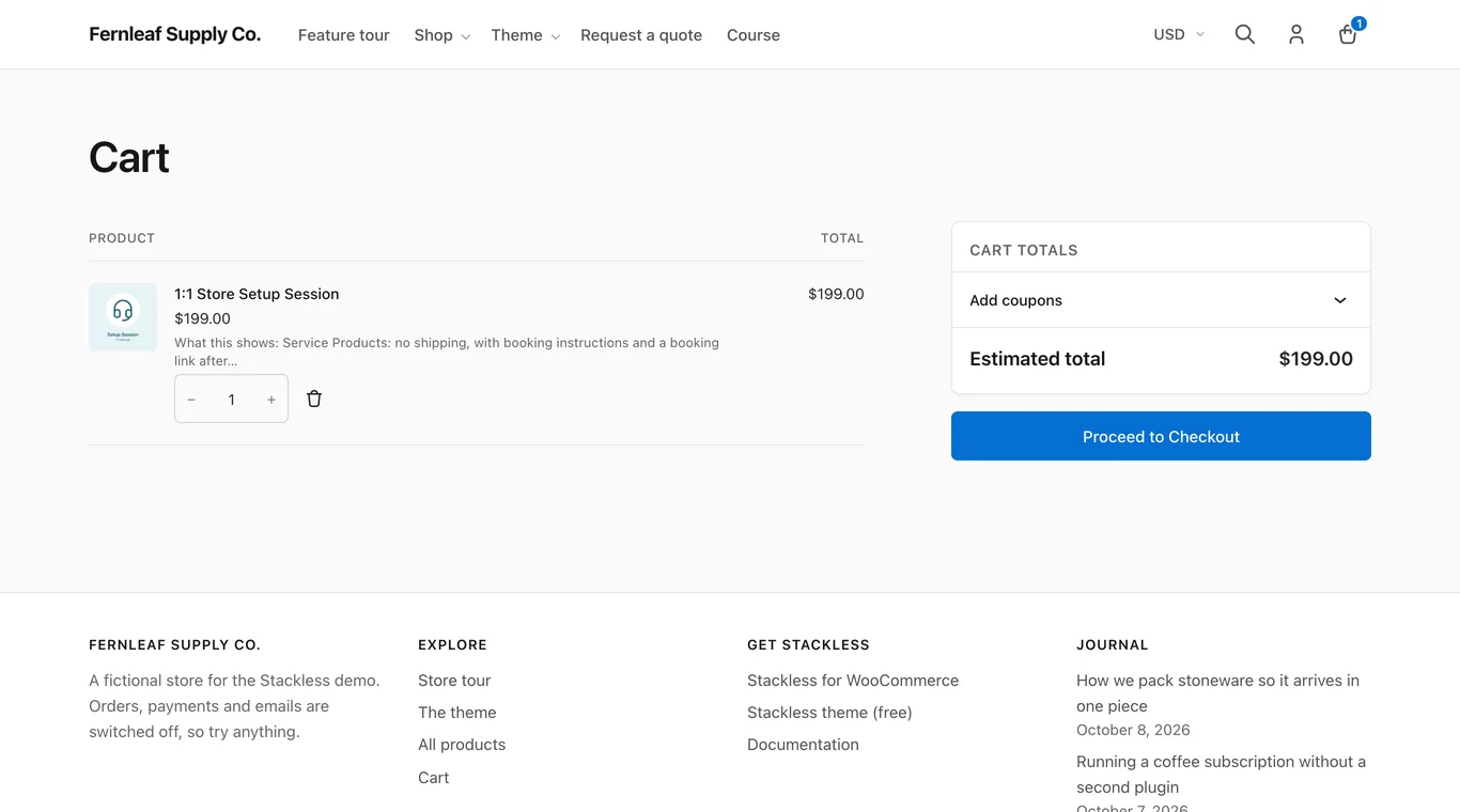 WooCommerce Cart block styled by the Stackless theme with a cart totals card and a Proceed to Checkout button