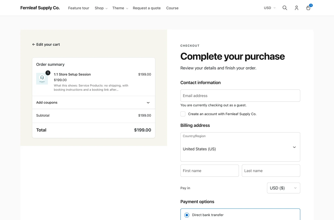 WooCommerce Checkout block on the Stackless theme: order summary on the left, contact, billing, currency and payment options on the right