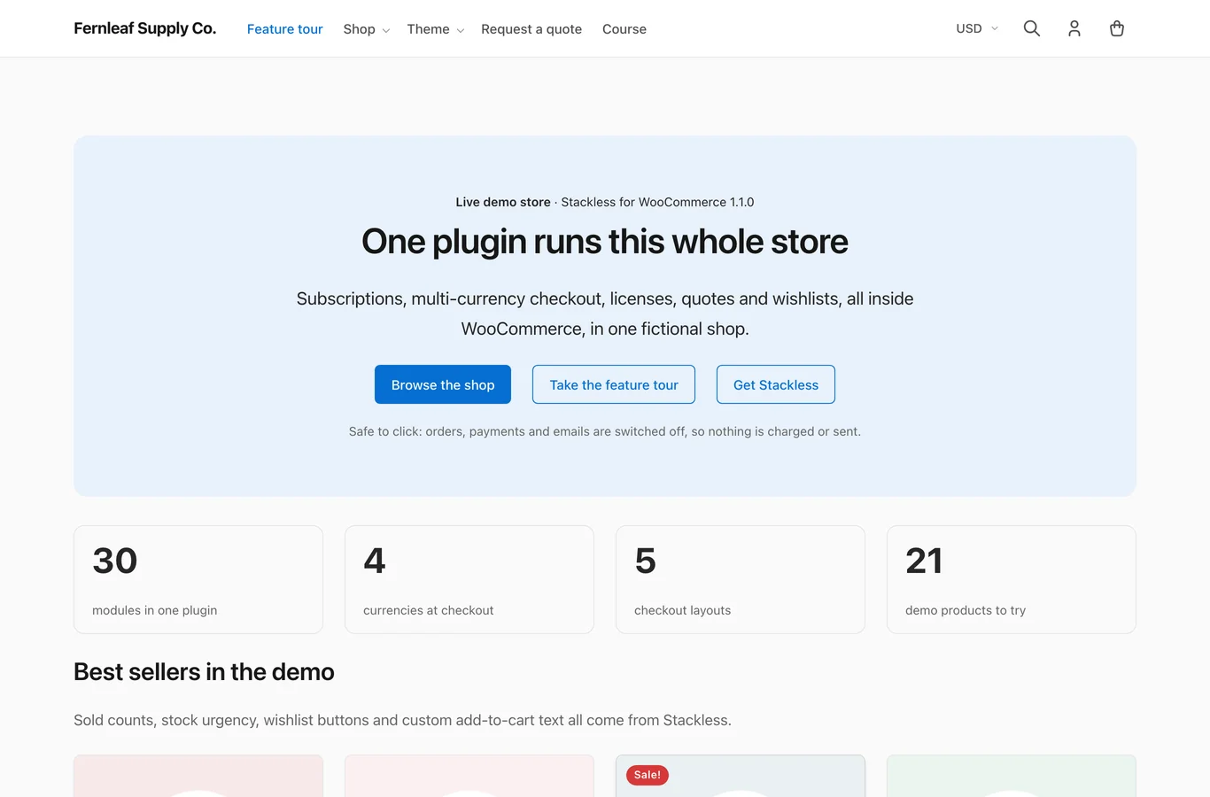Stackless theme homepage on the demo store: header with logo, menu, currency, search, account and cart, a hero block and four stat cards