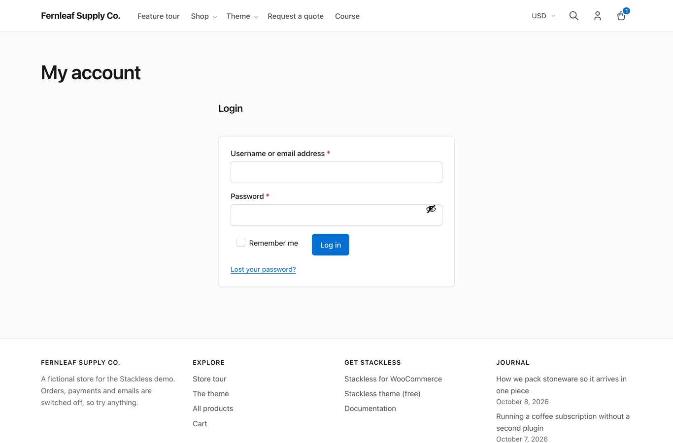 WooCommerce My Account page on the Stackless theme with the navigation beside the account content