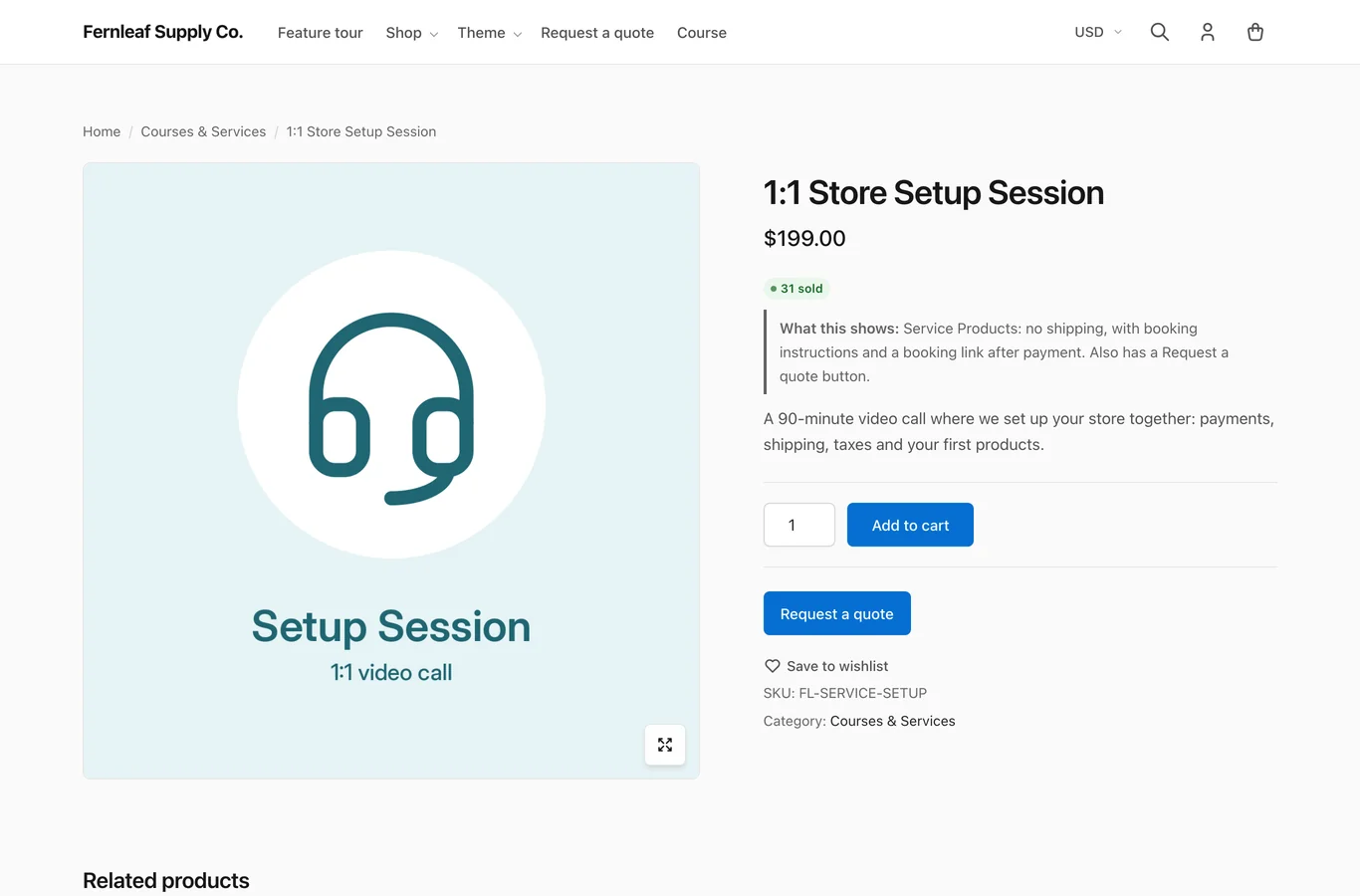 Single product page on the Stackless theme with the gallery on the left and a sticky summary: price, sold count, add to cart, request a quote and wishlist