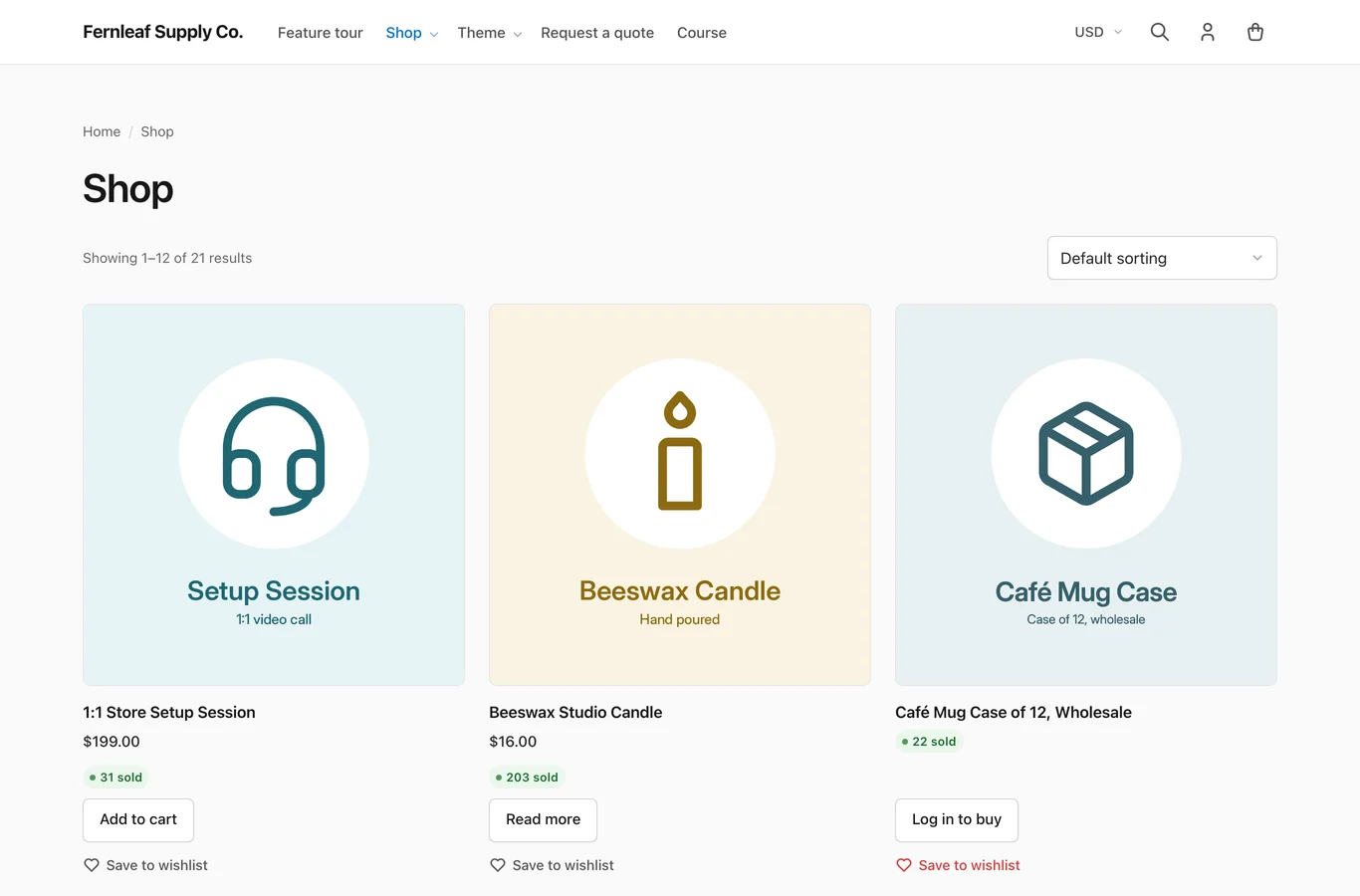 Shop page on the Stackless theme: three-column product grid with sold counts, Add to cart, Read more and Log in to buy buttons