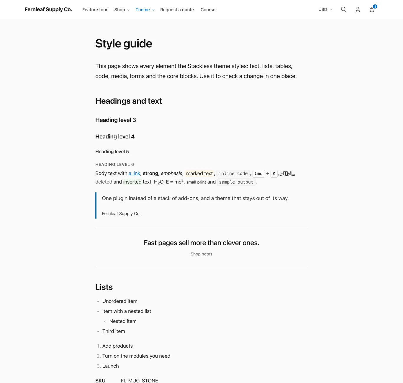 Stackless theme style guide page showing headings, text, buttons and form controls