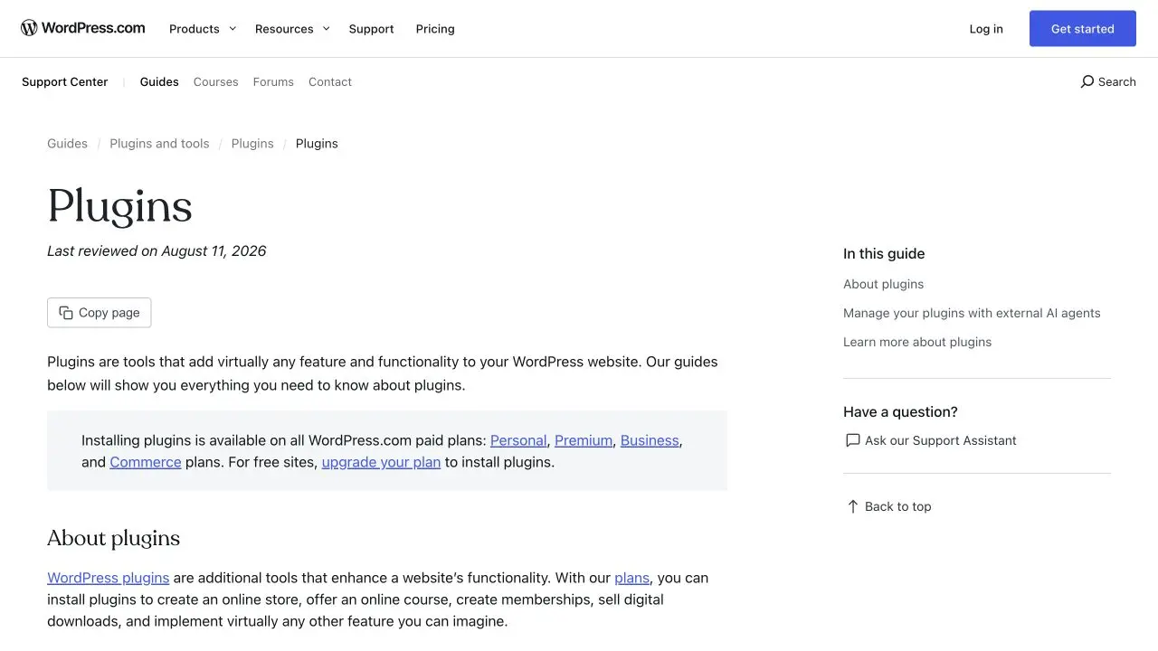 WordPress.com Plugins support page stating that installing plugins is available on all paid plans: Personal, Premium, Business and Commerce.